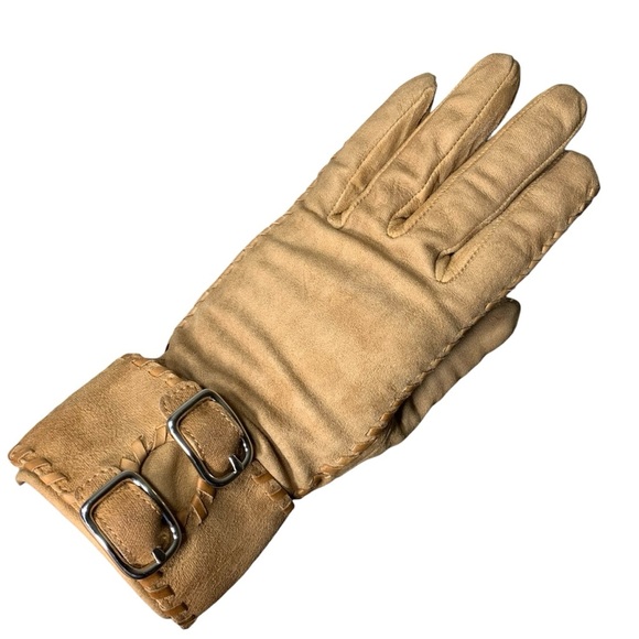 Coach Accessories - Coach Tan Silk Gloves Faux Suede Buckle Detail Lined Sz 6 1/2 Classic Minimalist
